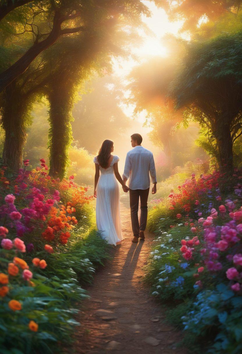 An enchanting scene depicting a couple walking hand in hand through a lush garden at sunset, symbolizing the journey from flirtation to deep intimacy. The garden is bursting with vibrant flowers, their colors reflecting passion and desire, while soft, warm lighting creates an atmosphere of warmth and connection. Include subtle elements like intertwining vines and hearts hidden among the foliage to suggest commitment. super-realistic. vibrant colors. soft focus.