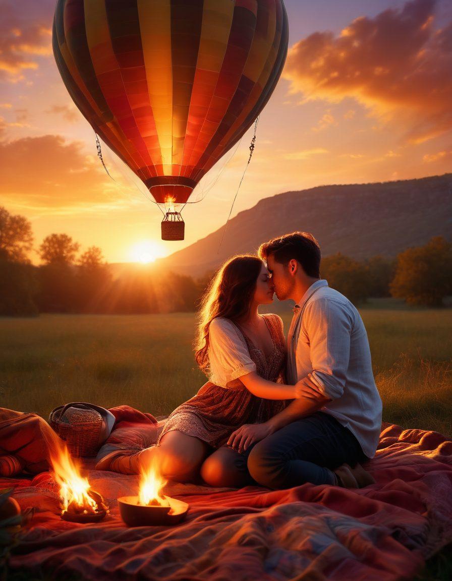 A passionate couple engaged in an intimate moment, surrounded by vibrant flames that symbolize desire and connection. The background features a picturesque sunset and adventure elements like a hot air balloon and a cozy picnic setup. Their expressions reflect deep affection and excitement, inviting viewers to imagine their own adventures. Bohemian and romantic elements interweave with warm colors. super-realistic. vibrant colors. warm lighting.
