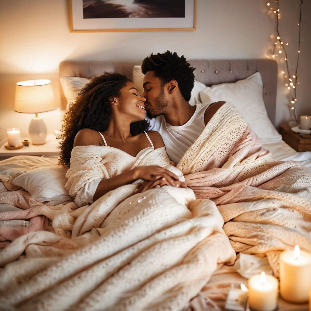 A cozy bedroom scene with a soft, plush bed adorned with pastel-colored pillows, where a couple is cuddling playfully under a warm, knitted blanket, their faces close with smiles as they share a gentle kiss. Soft lighting creates an inviting ambiance, and a hint of romantic candles is visible in the background. The atmosphere should evoke warmth, intimacy, and romance. super-realistic. vibrant colors. soft focus.